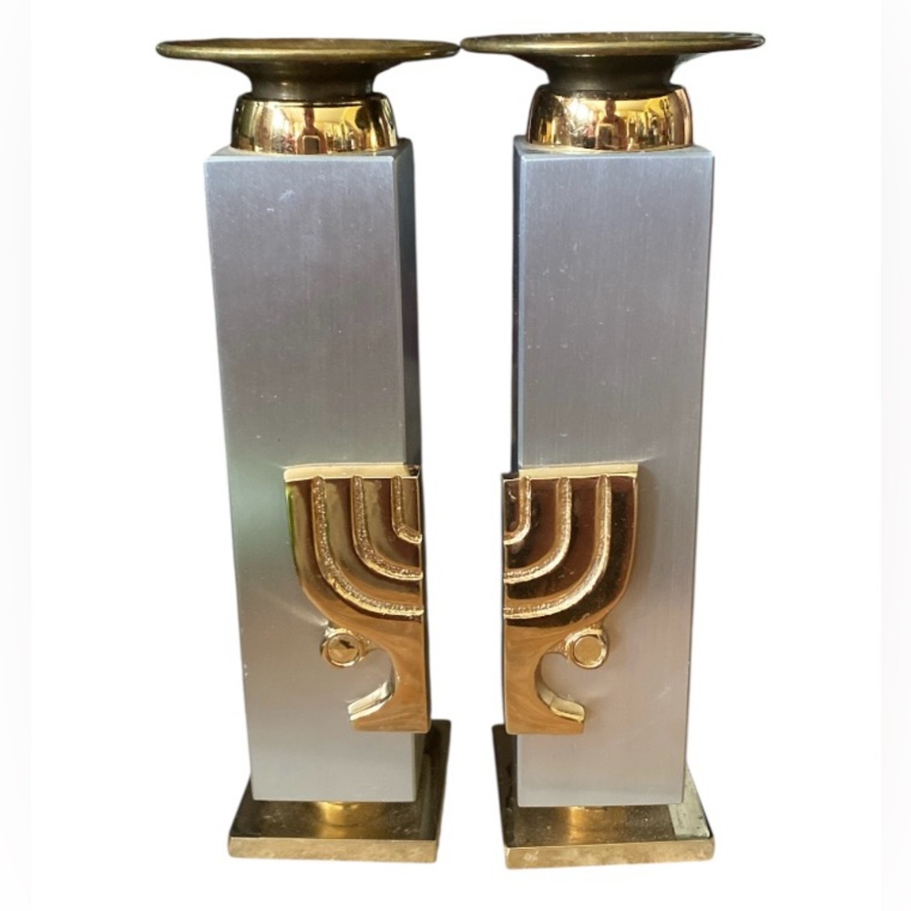 2 Pcs Oppenheim 24k Gold & Silver Plated JERUSALEM RD Candle Holder